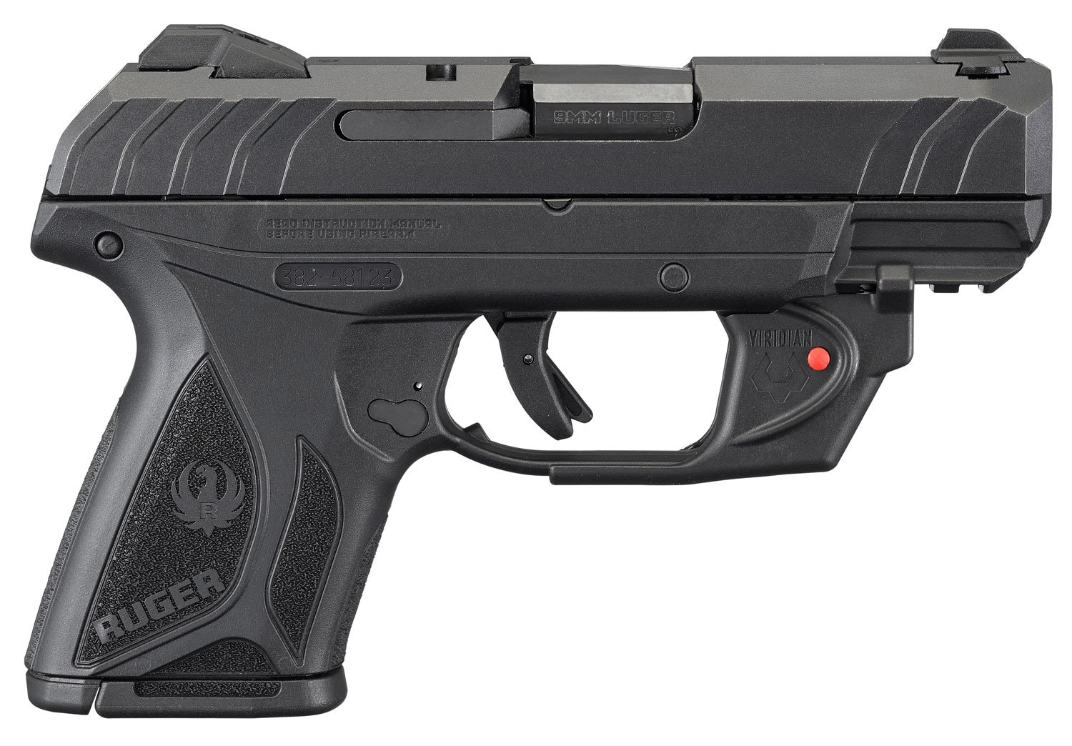 Ruger 3830 Security-9 Compact 9mm Luger 3.42" Barrel 10+1, Black Nylon Grip Frame With Picatinny Acc. Rail, Black Oxide Steel Slide, Manual Safety, Includes Viridian Red Laser