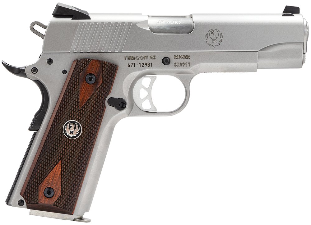 Ruger 6702 SR1911 Commander-Style 45 ACP 7+1 4.25" Stainless Steel Barrel, Serrated Stainless Steel Slide, Stainless Steel Frame w/Beavertail, Hardwood Grip